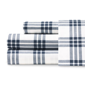 Eddie Bauer Home Percale flat sheet in navy plaid offers breathable, crisp comfort.