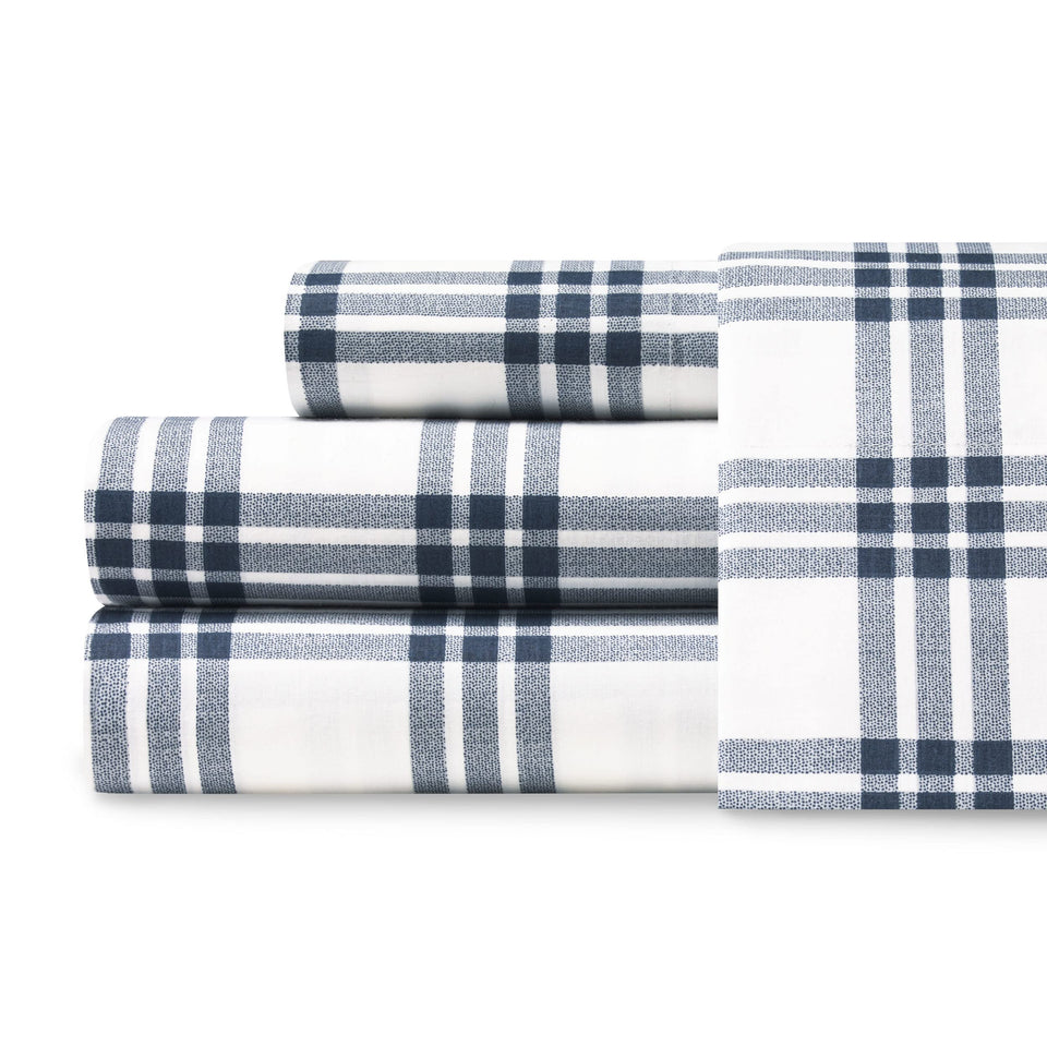 Eddie Bauer Home Percale flat sheet in navy plaid offers breathable, crisp comfort.