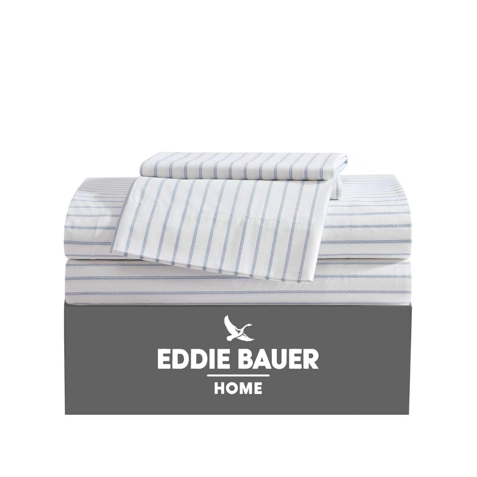 Eddie Bauer King percale flat sheet highlights crisp weave for cool sleep.