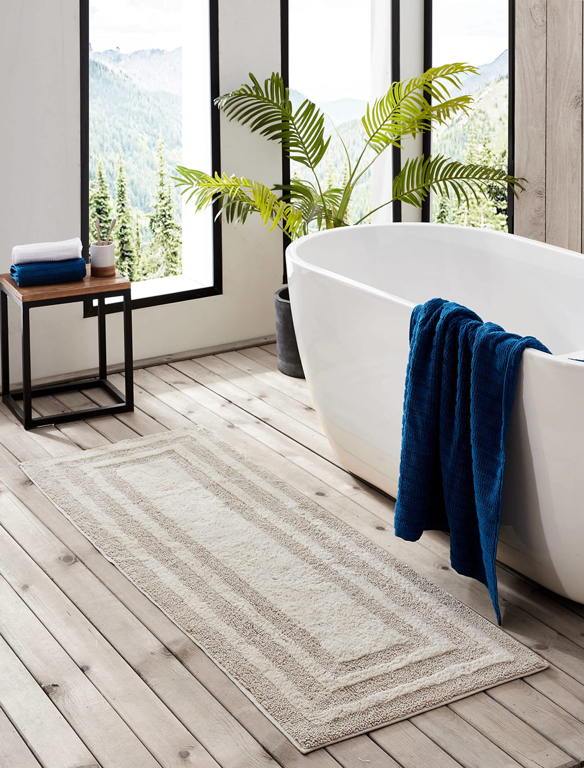 Eddie Bauer Logan beige bath rug full view shows length and color for bathroom styling.