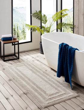 Eddie Bauer Logan beige bath rug full view shows length and color for bathroom styling.