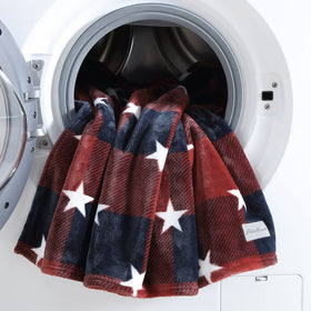 Eddie Bauer plaid red design enhances living room décor.
