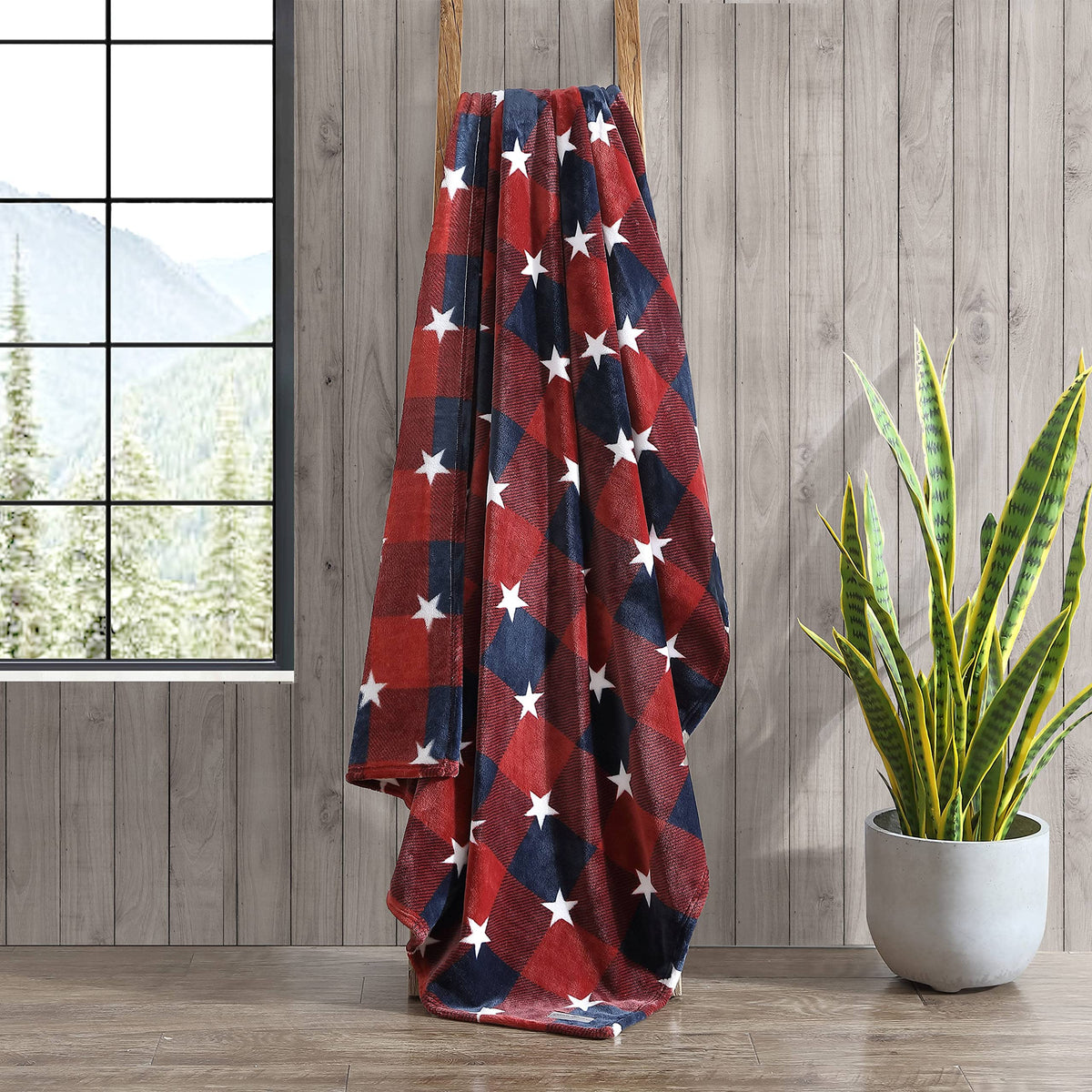 Eddie Bauer reversible blanket worn inside-out for two styling options.