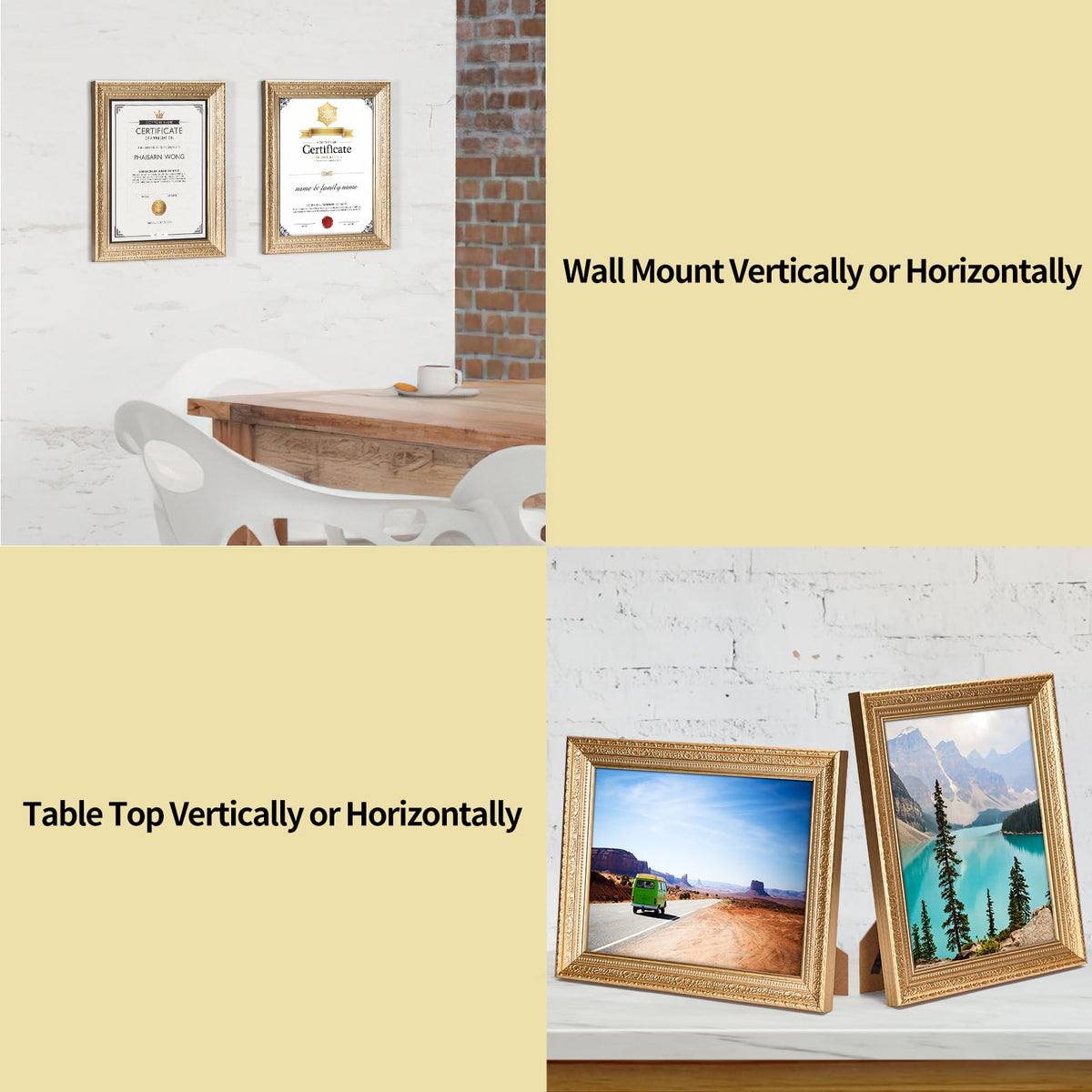 Back bracket and hooks support vertical or horizontal display.