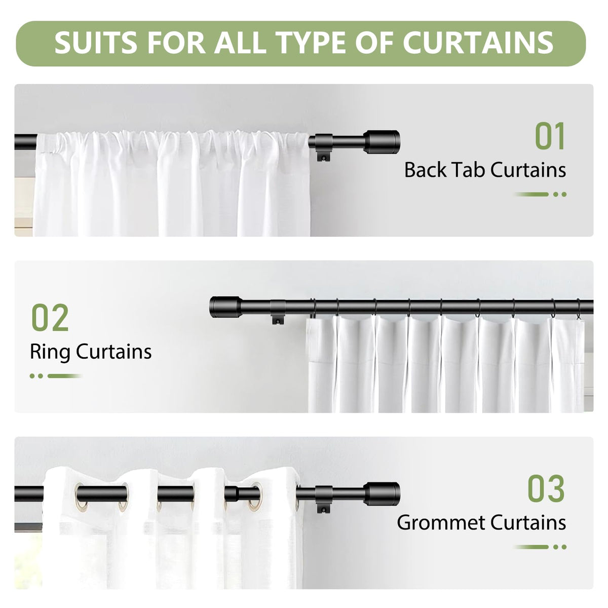 Edidonson sheer and blackout curtains compatible rod for flexible use.