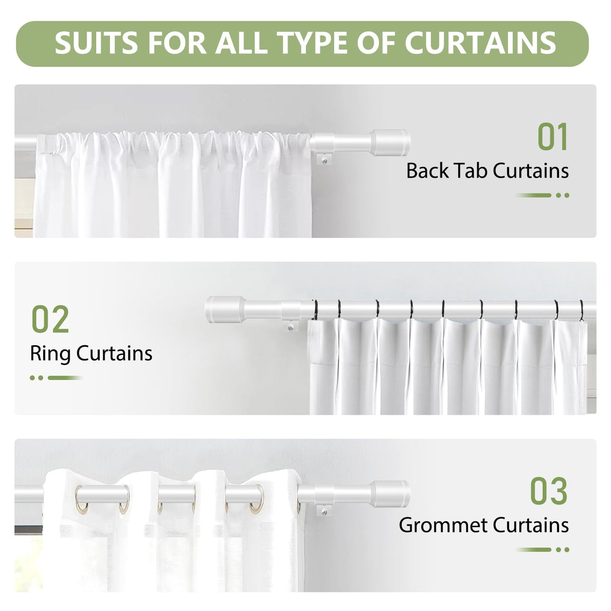 Edidonson white curtain rod in bedroom for a clean, coordinated look.