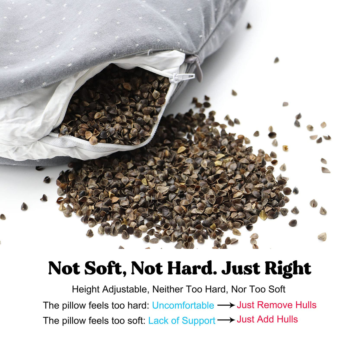 Edomi Buckwheat U-Neck Pillow adjustable-fill close-up reveals easy hull adjustments.
