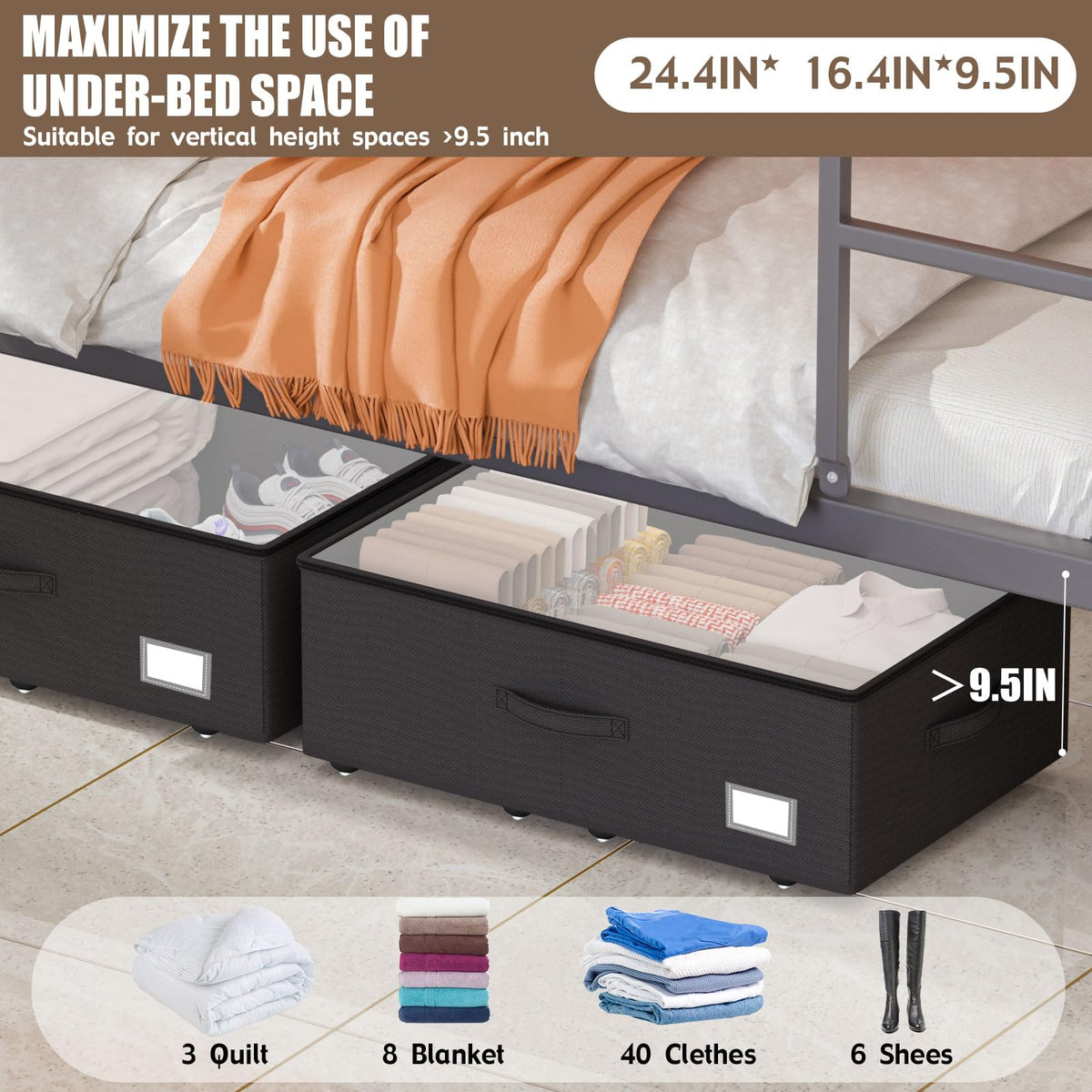 EE-RoomWorld under-bed bin with wheels glides smoothly for quick access.