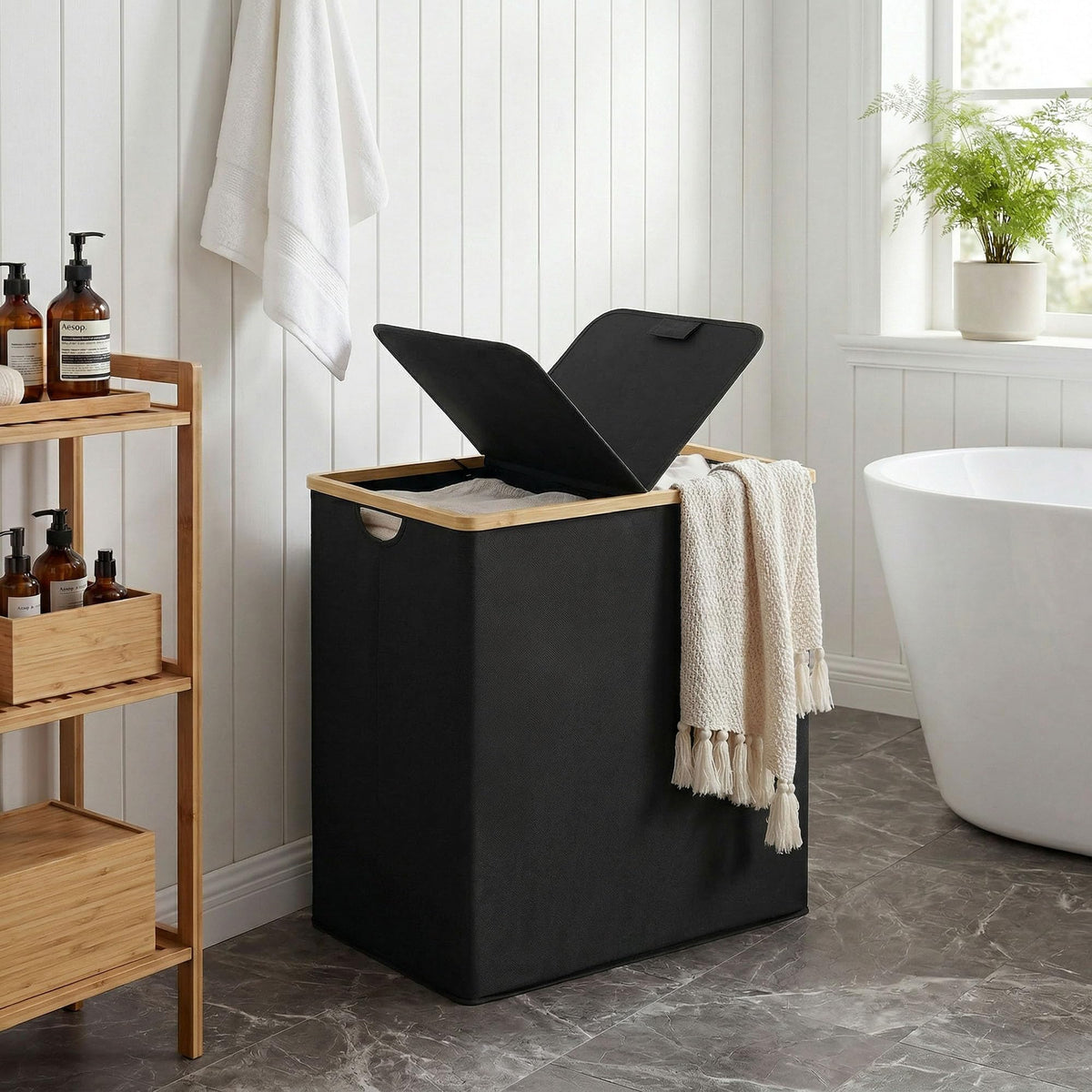 efluky double laundry basket provides organized two-section sorting for whites and colors.