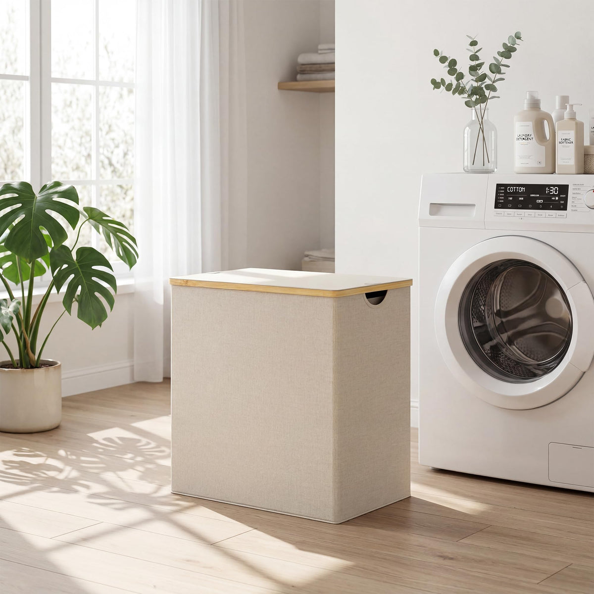 efluky laundry hamper in bedroom scene showing 140L capacity for weekly laundry storage