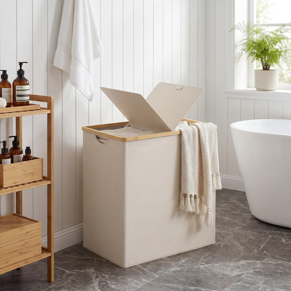 efluky laundry hamper beige color blends with decor while keeping scents contained with lid