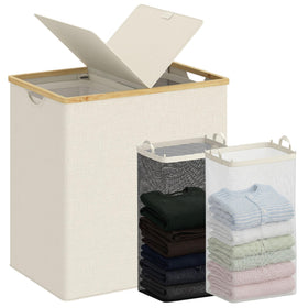 efluky laundry hamper with lid front view showing beige two-section design for organized sorting