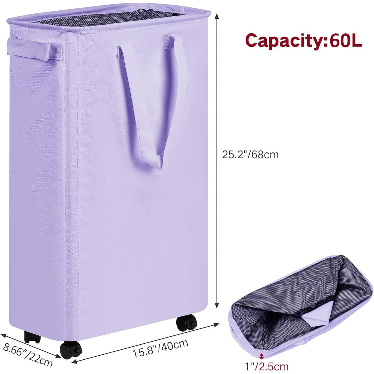 efluky Rolling laundry basket on hardwood floor shows brakes preventing movement.