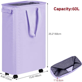 efluky Rolling laundry basket on hardwood floor shows brakes preventing movement.