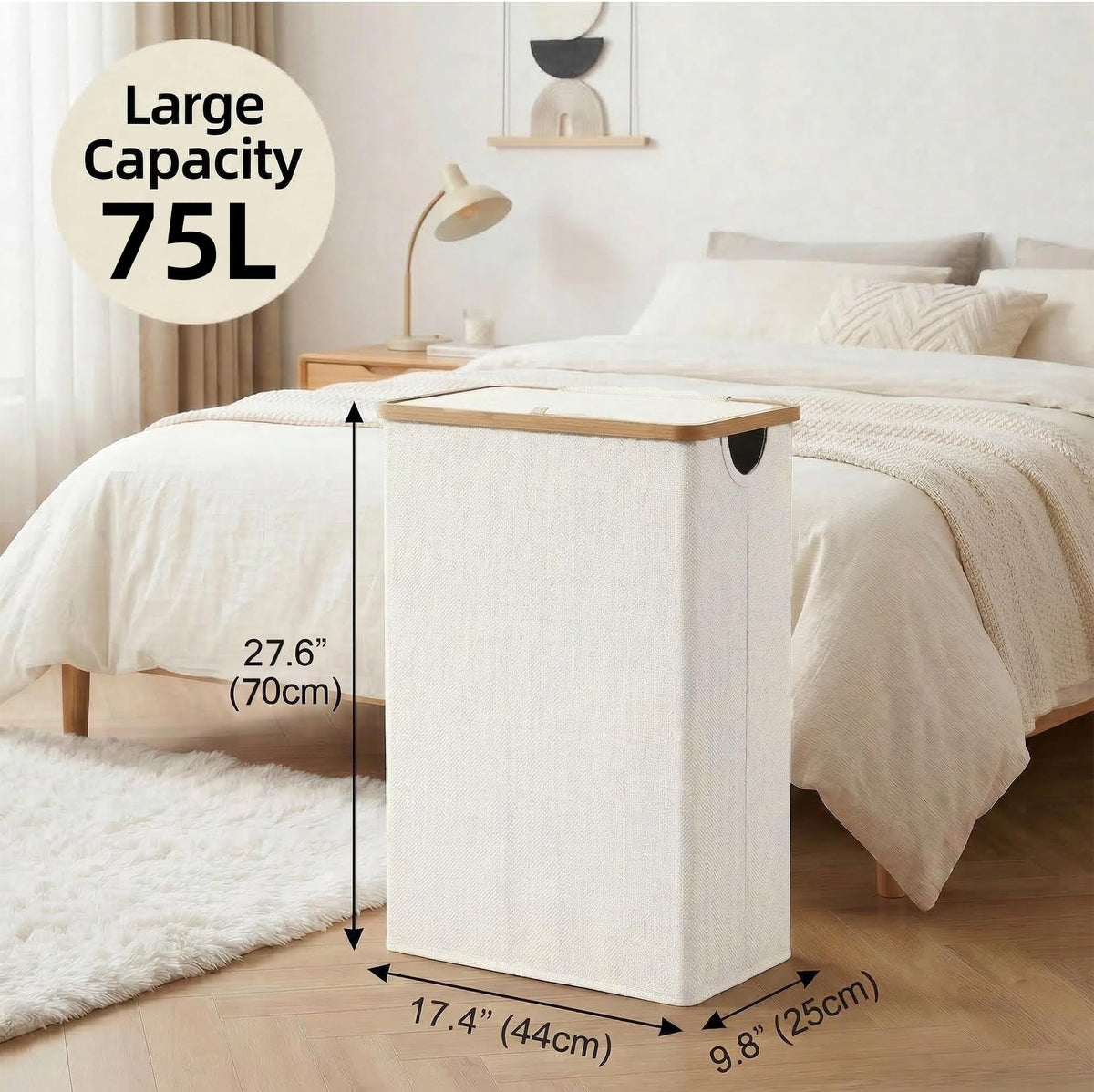 efluky bamboo handles on the slim laundry basket for comfortable transport.