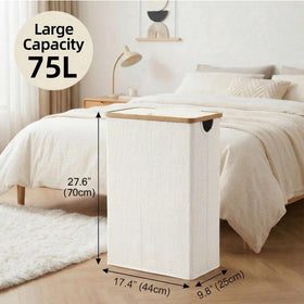 efluky bamboo handles on the slim laundry basket for comfortable transport.