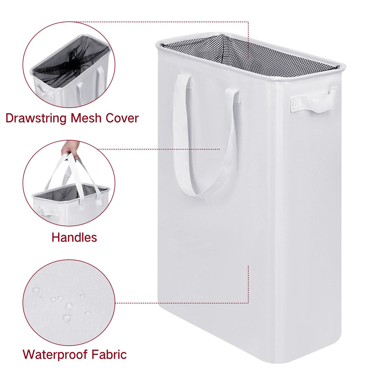 efluky slim laundry basket front view shows four handles for easy transport.