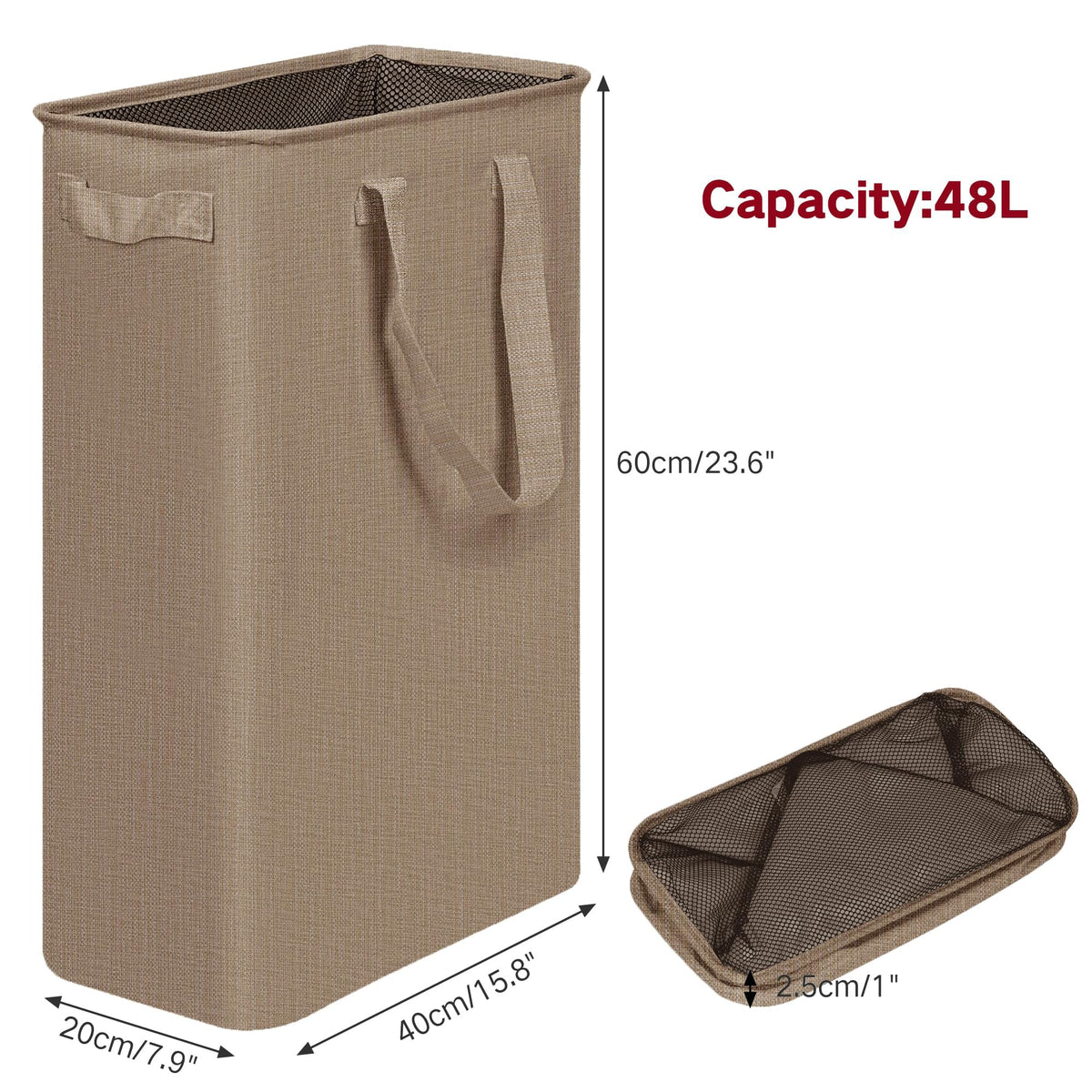 efluky slim laundry basket front view highlights accessible four-handle design.