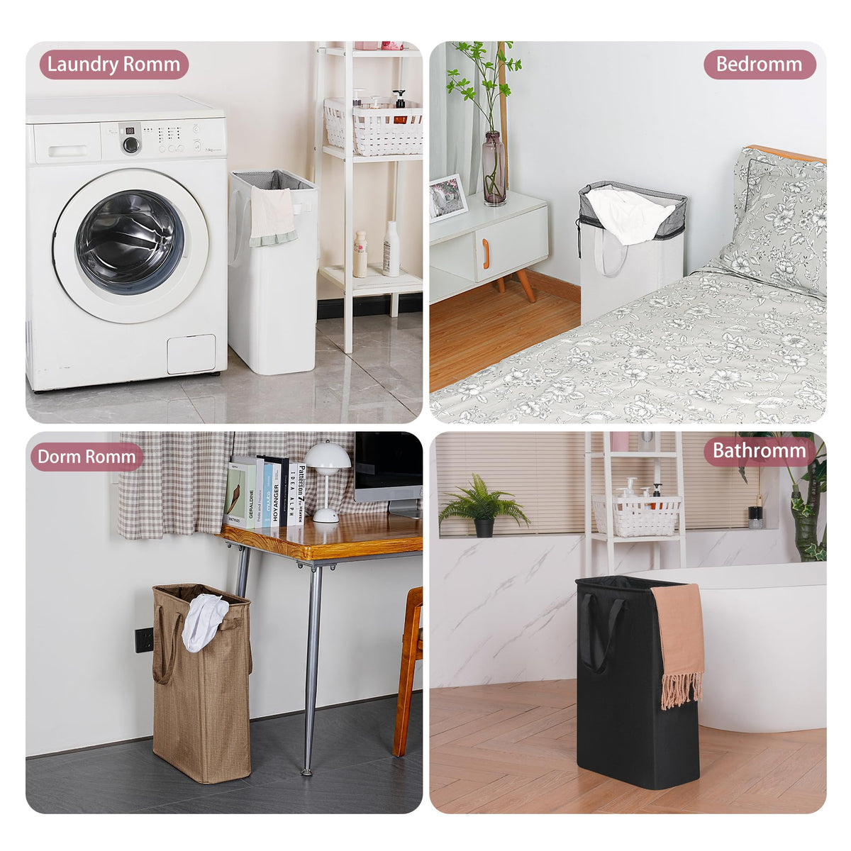 efluky slim laundry basket in dorm room shows space-saving organization.