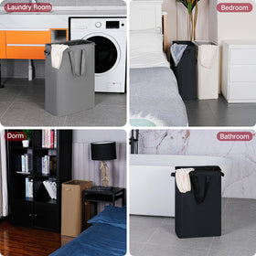 efluky Slim Laundry Basket in a dorm room shows compact laundry solution.