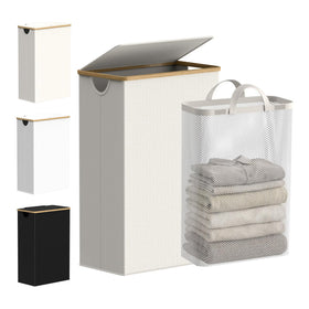 efluky slim laundry basket with lid in beige fabric and bamboo handles.