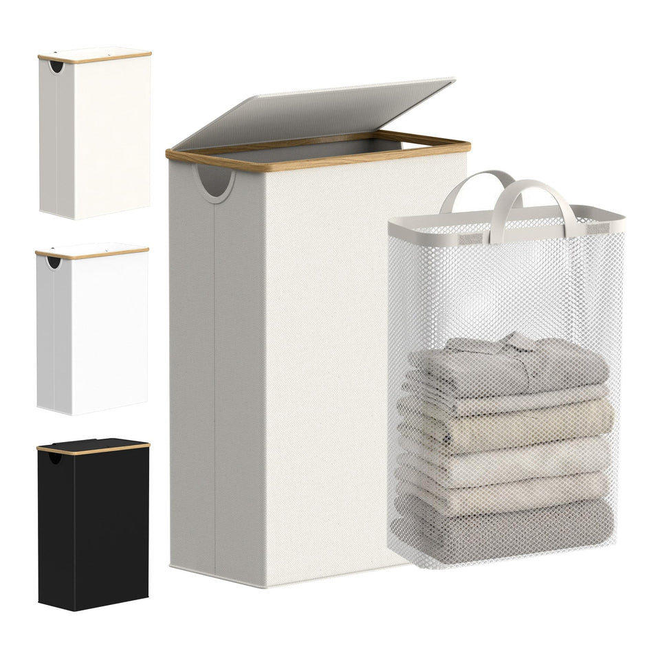 efluky slim laundry basket with lid in beige fabric and bamboo handles.