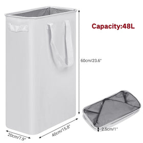 efluky slim laundry basket top view emphasizes drawstring mesh cover to block dust.