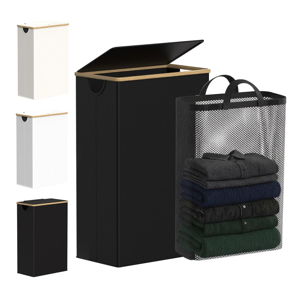 efluky slim laundry basket with lid front view showing space-saving profile