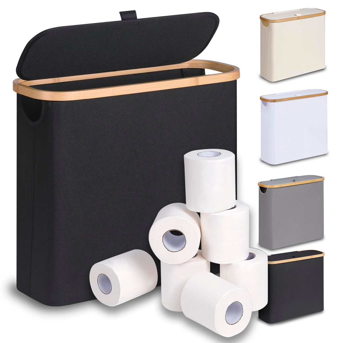 efluky 28L black toilet paper basket with lid holds rolls neatly and accessibly