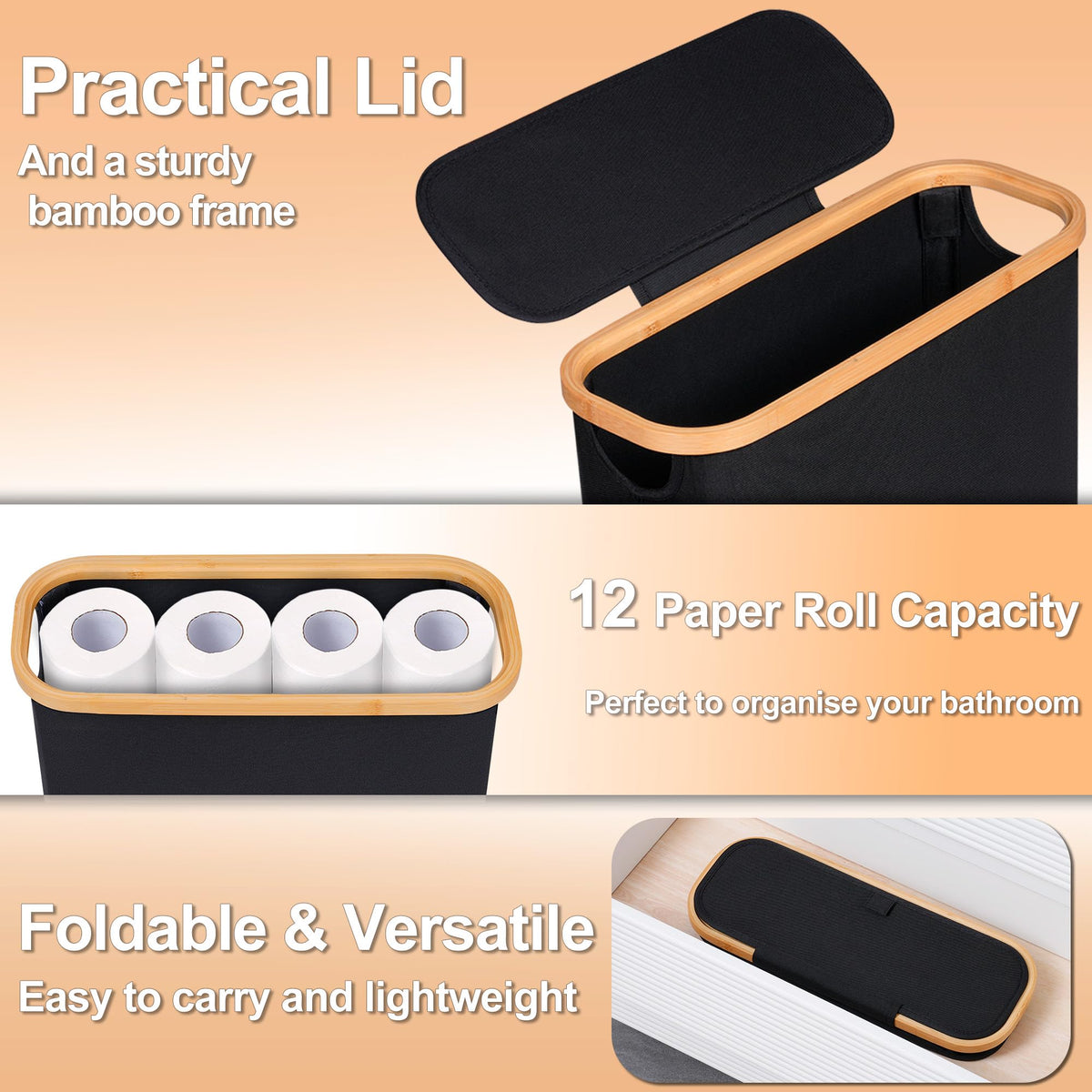 efluky bamboo handle on a mobile toilet paper basket for easy movement