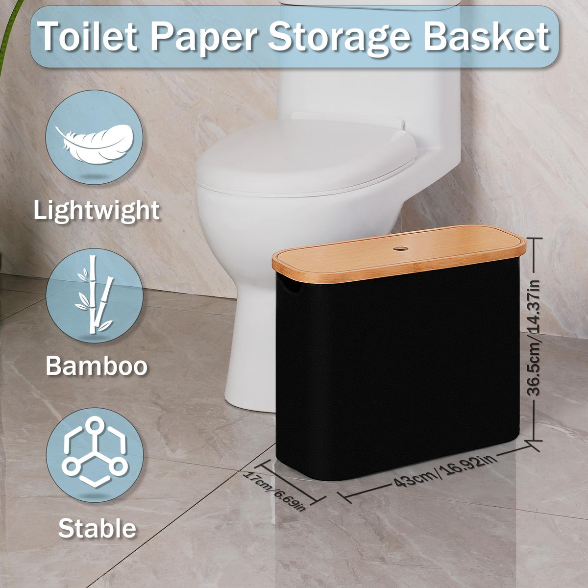 efluky toilet paper basket forward view showing slim footprint for compact spaces.
