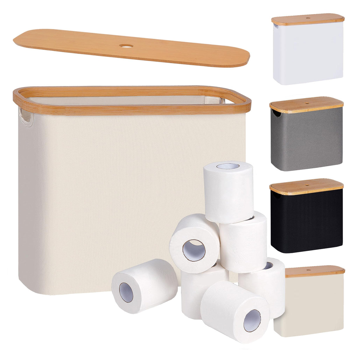 efluky toilet paper basket with lid in beige keeps bathroom essentials neatly stored.