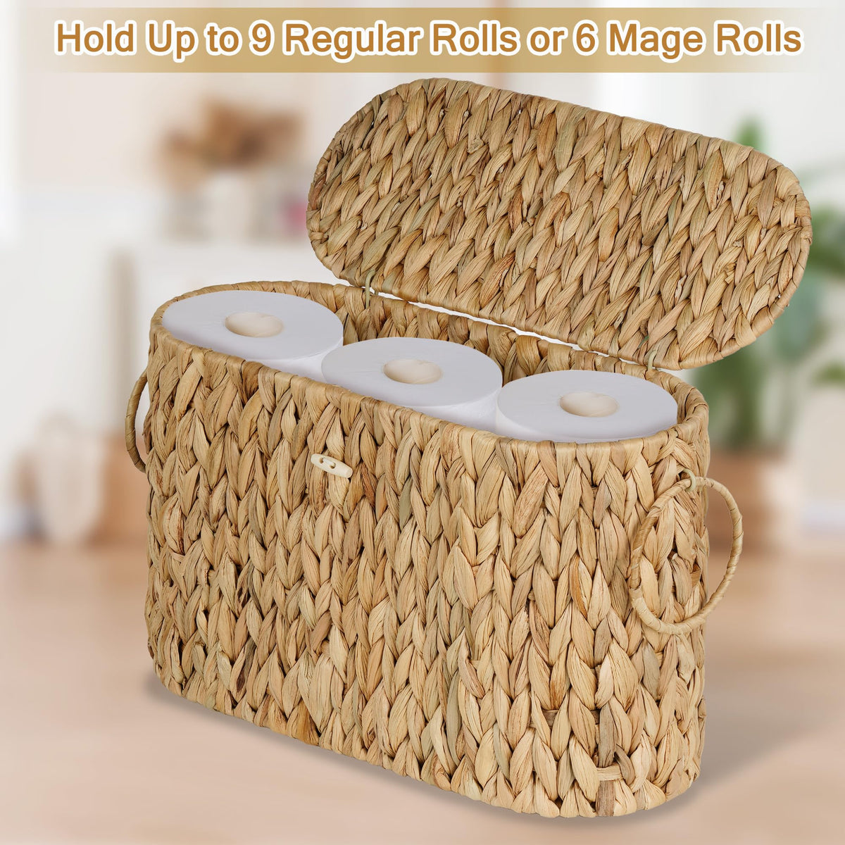 efluky toilet paper basket lid-open demonstrates easy access to rolls while keeping them clean