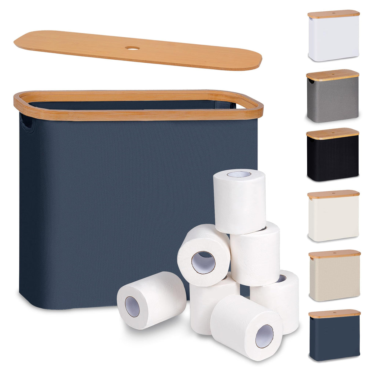 efluky toilet paper basket with lid shows slim, accessible storage solution for the bathroom