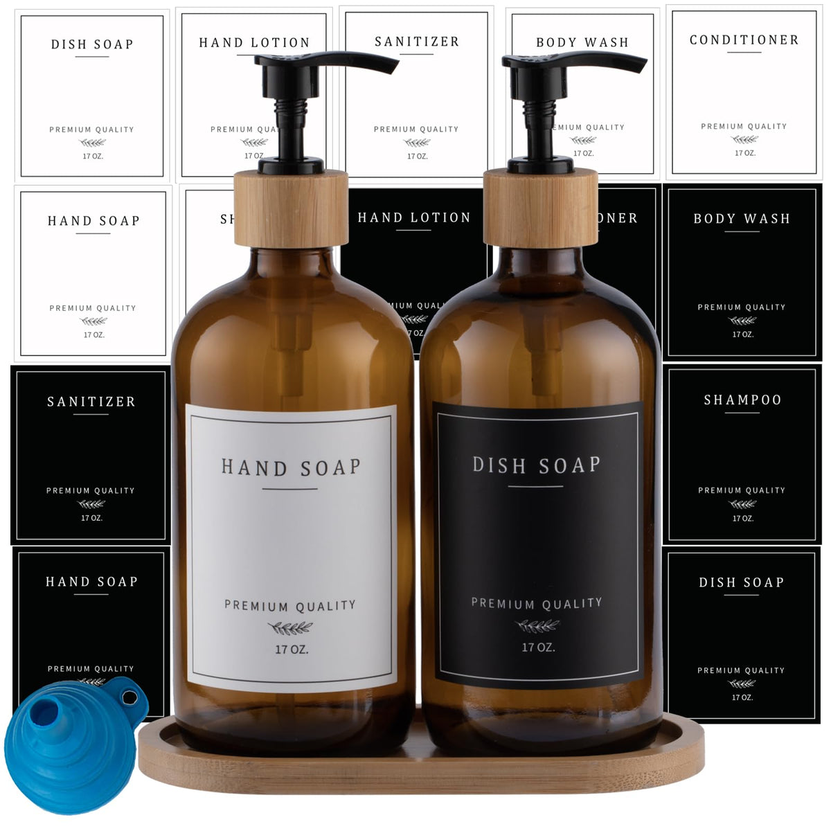 Eggs Sound amber glass soap dispenser set with two refillable bottles for kitchen and bath.
