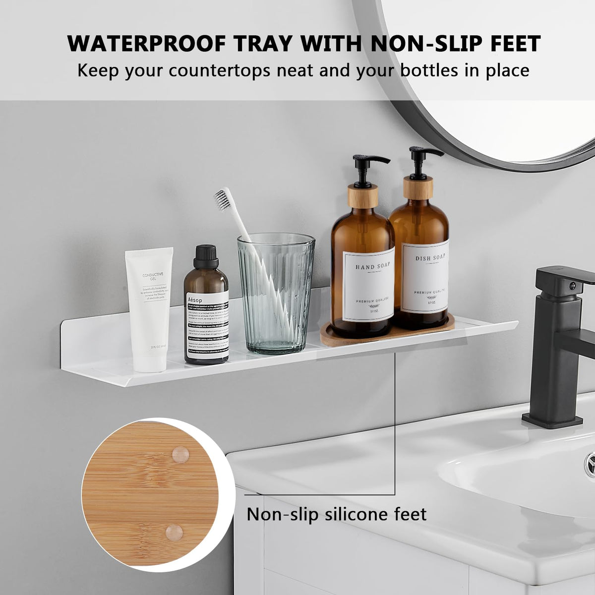Eggs Sound non-slip tray keeps dispensers steady on wet counters.
