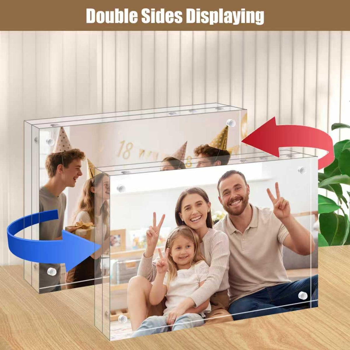 Egofine 5x7 frame supports vertical or horizontal desktop display.