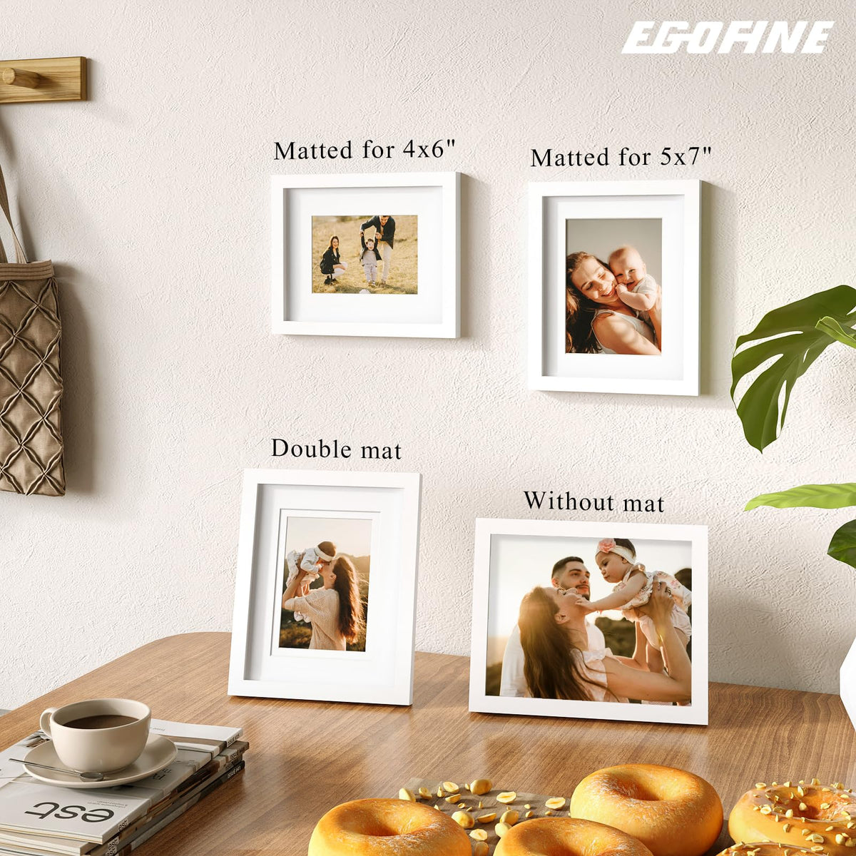 Egofine frame on table top with versatile kickstand for desktop display.
