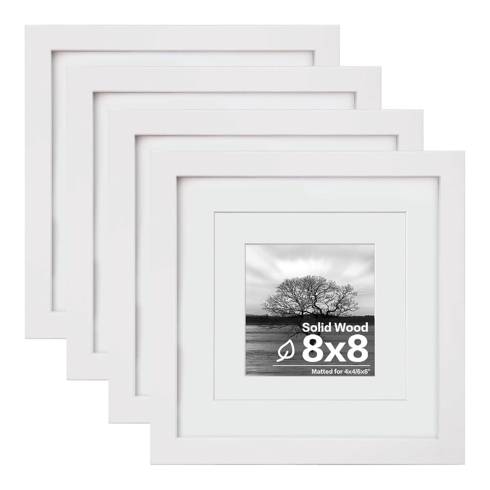 Egofine 8x8 frame front view with plexiglass protects photos while showcasing a clean white finish.