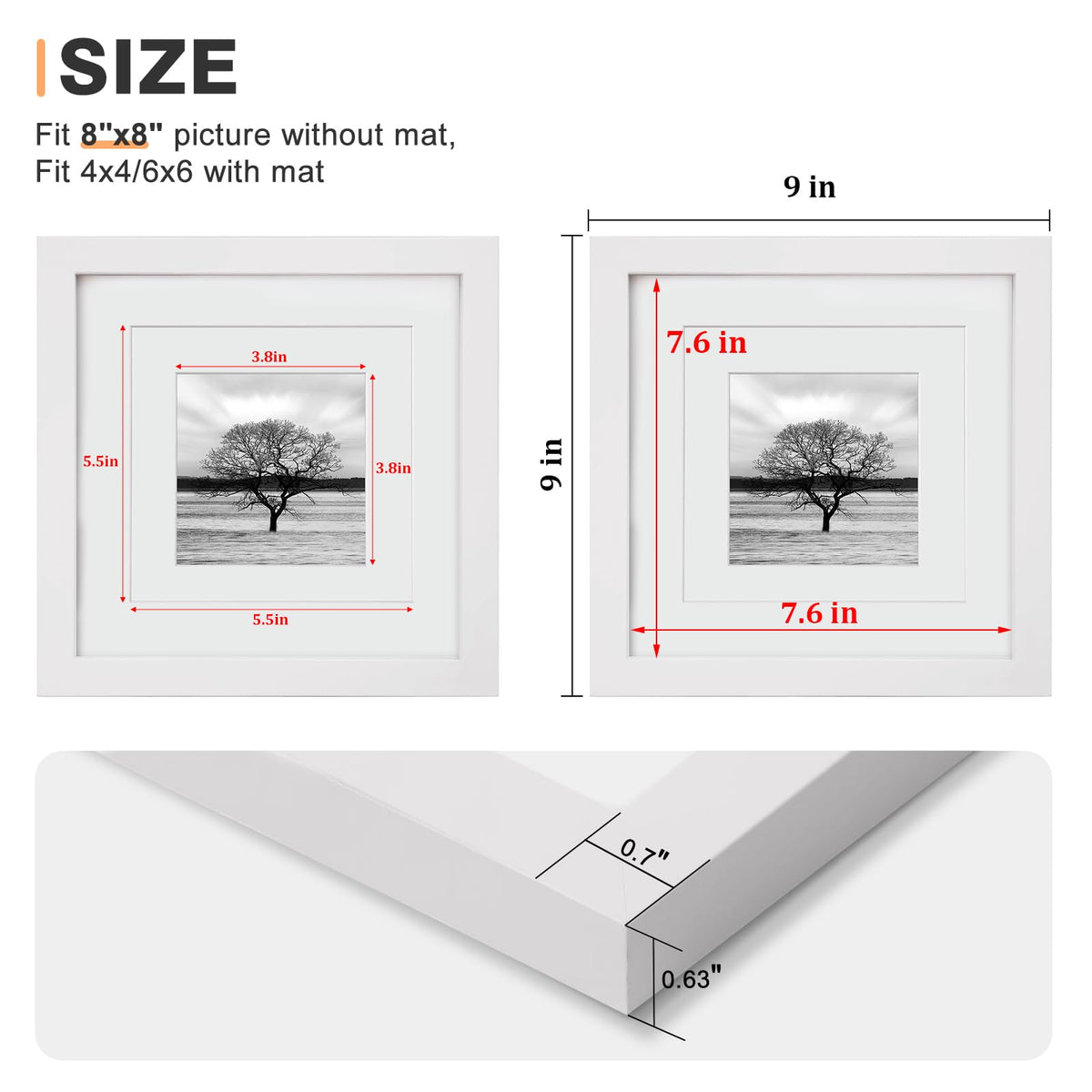 Egofine 8x8 frame side angle highlights the 4x4 mat for focused photos.