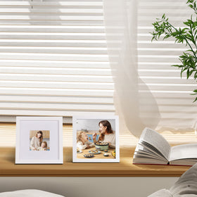 Egofine 8x8 frame opening accommodates 7.5x7.5 display with 4x4 mat.