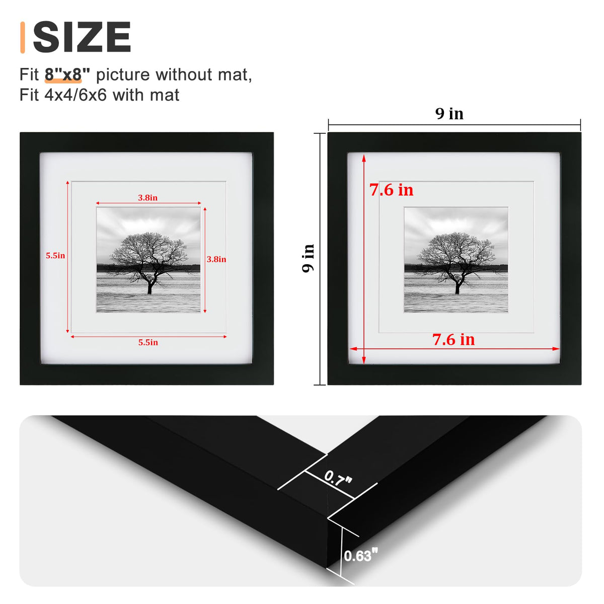 Egofine 8x8 frame with mat accommodating 4x4 and 6x6 photos.