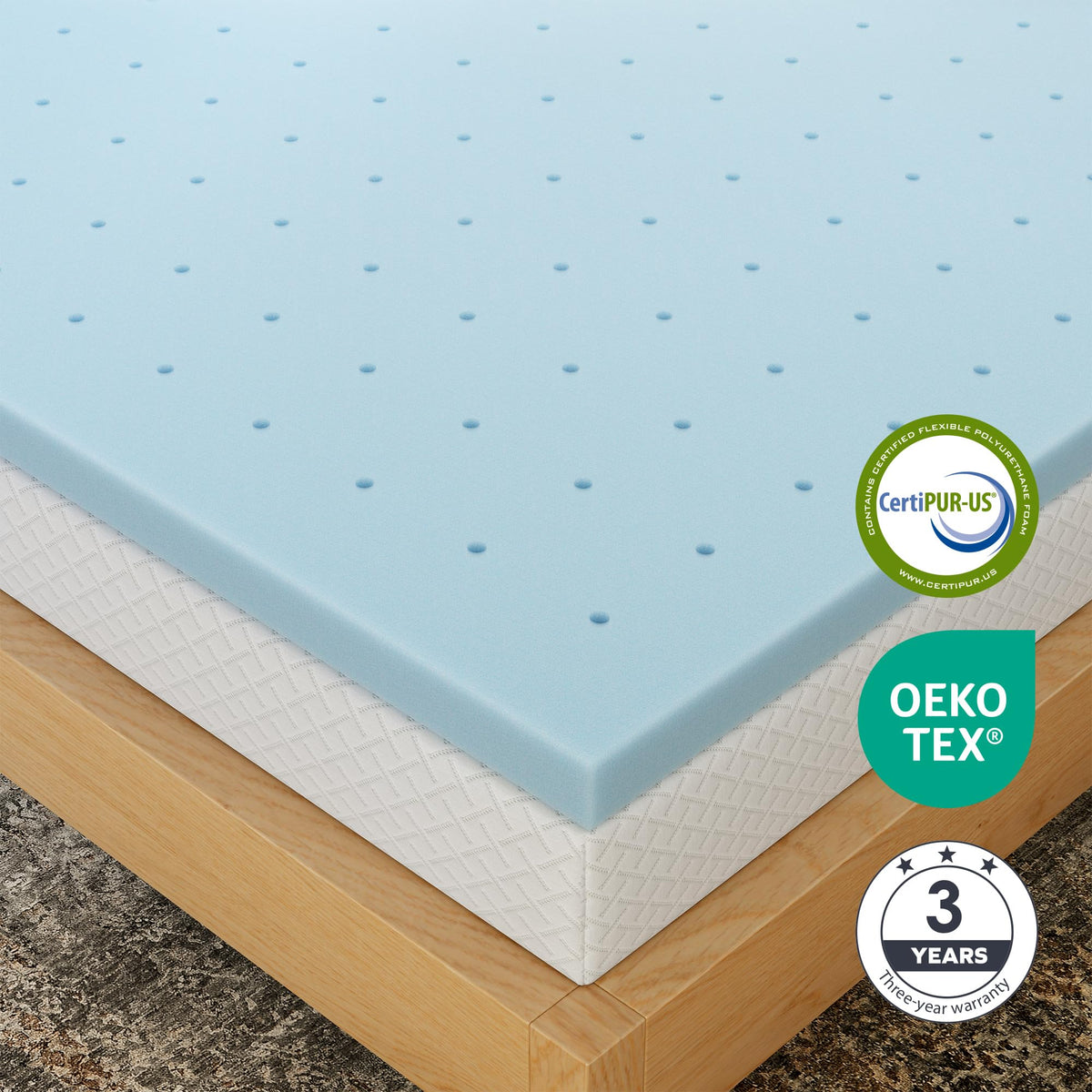CertiPUR-US label on EGOHOME topper with warranty information