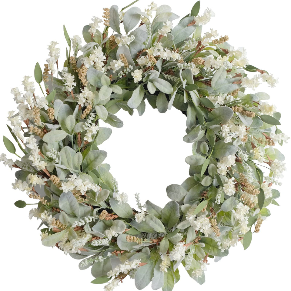 egolot 24-inch ivory flowers wreath on a front door for seasonal curb appeal.