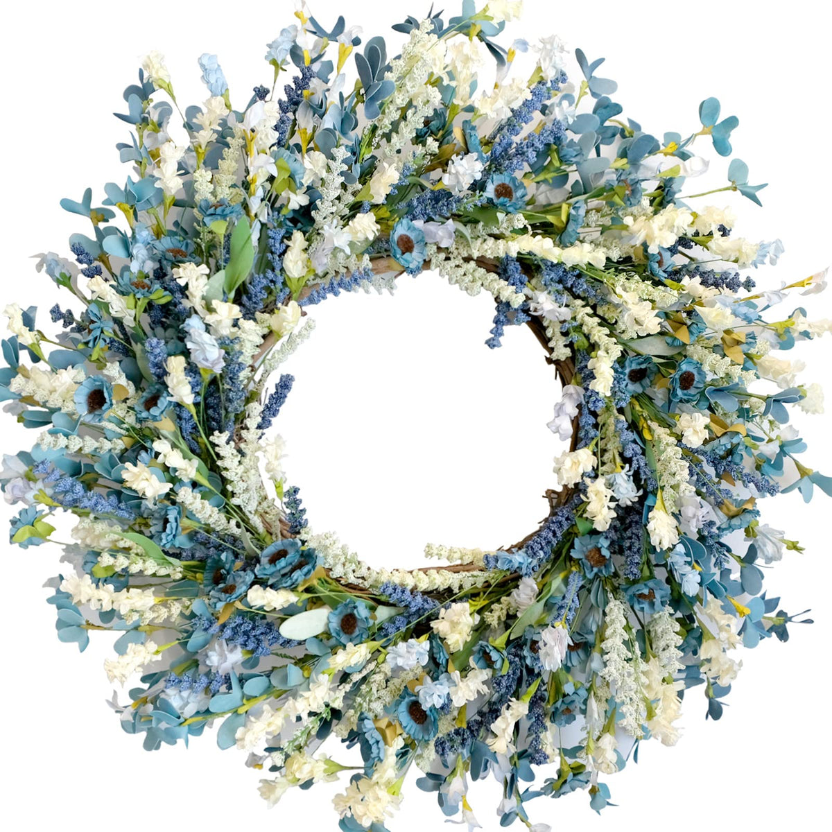 Egolot 26 inch blue ivory lavender wreath for front doors, adds rustic farmhouse charm.