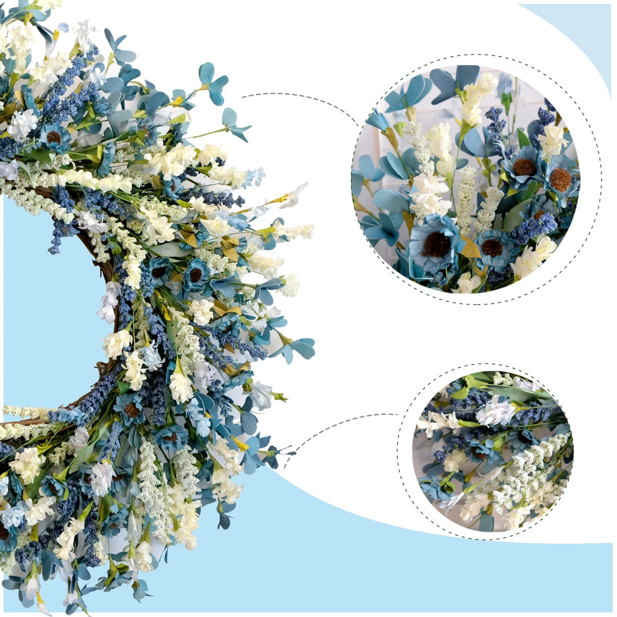 Egolot blue wildflowers lavender wreath for indoor or covered outdoor spaces.