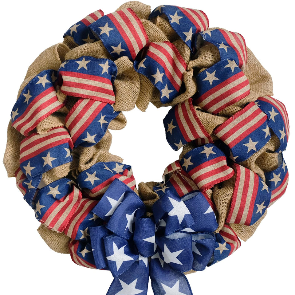 Egolot patriotic burlap wreath on front door enhances curb appeal.