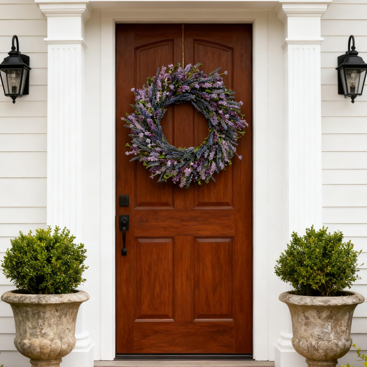 Egolot lavender wreath greenery detail highlights lush leaves and texture.