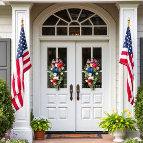 Egolot red white blue teardrop wreath with florals for a festive focal point.