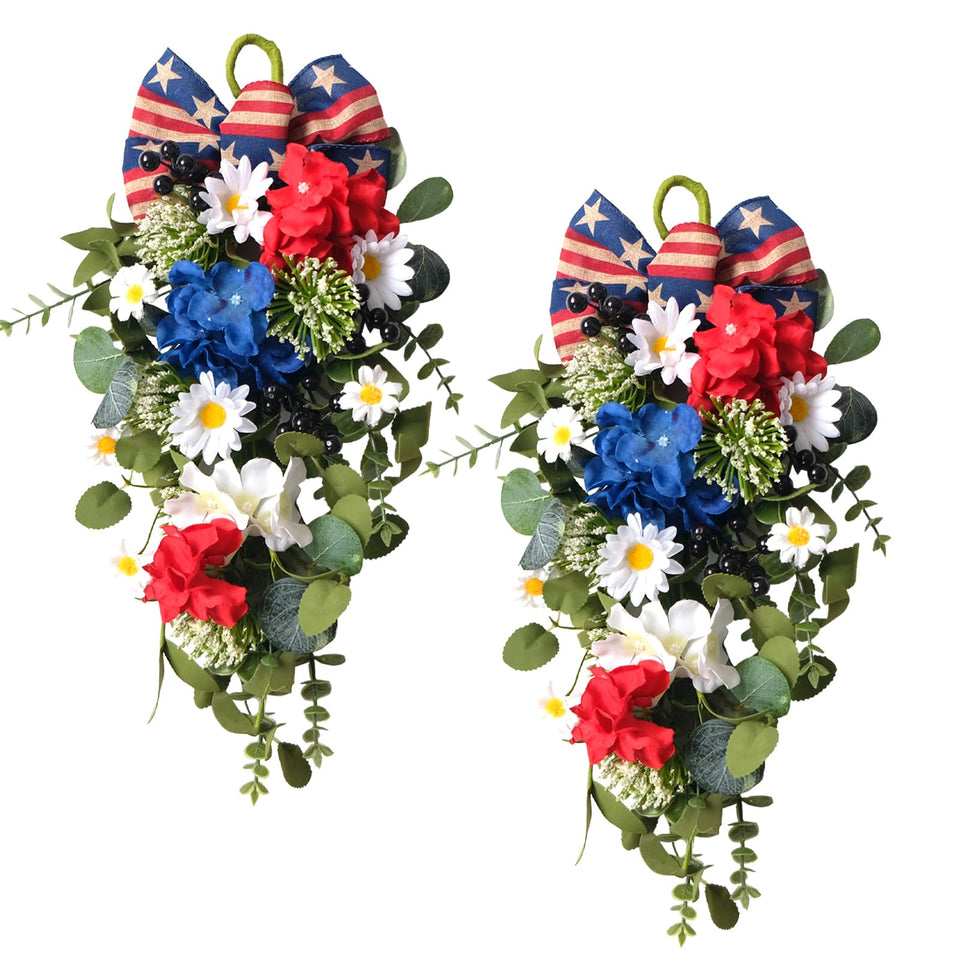 Egolot teardrop wreath in red, white and blue for front door decor with festive curb appeal.